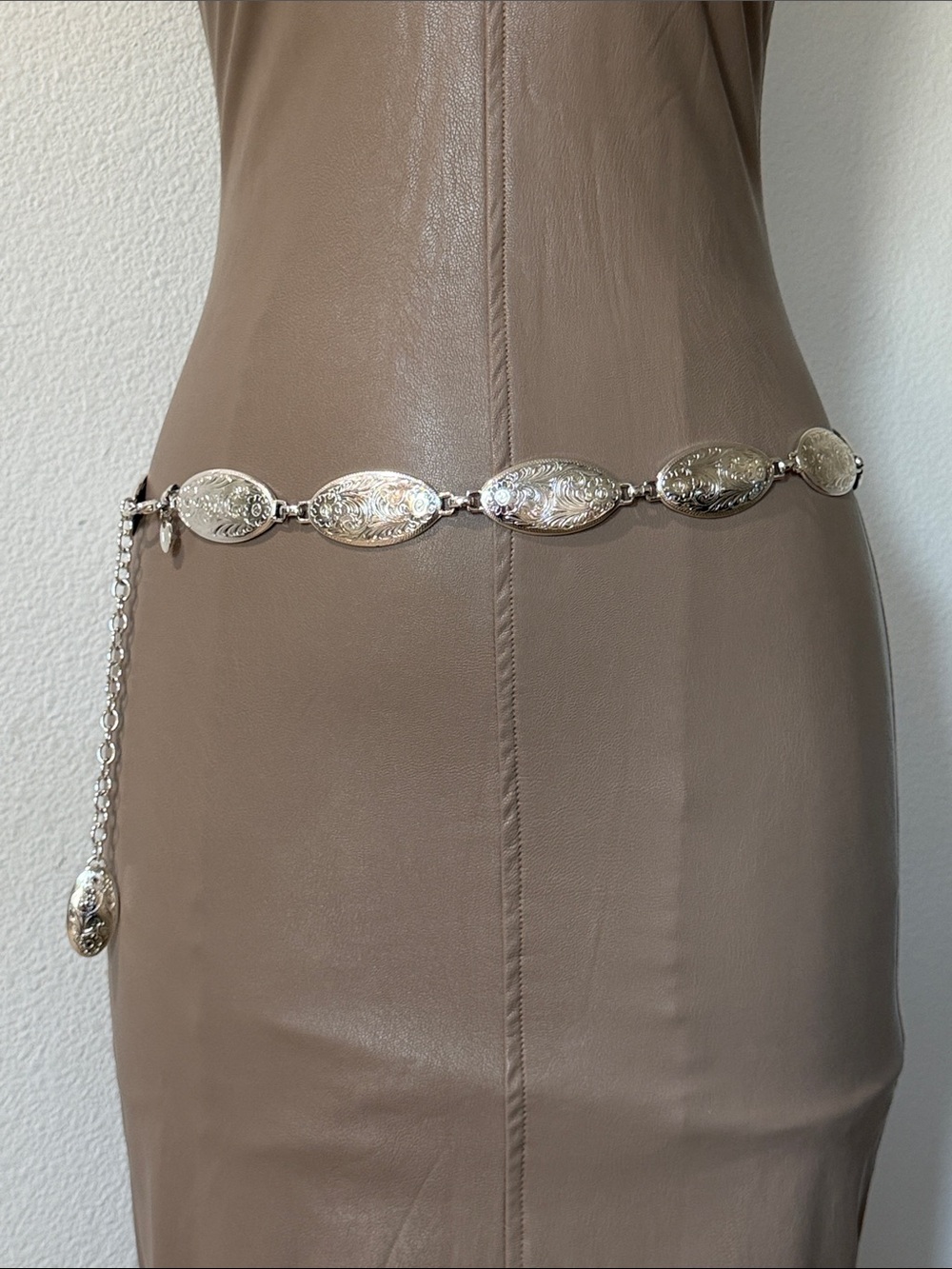 Silver Tone Oval Engraved Concho Chain Belt - Women's Jewelry